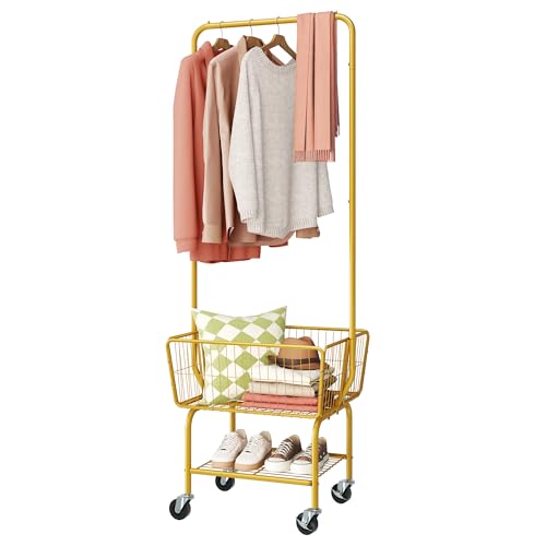 Tajsoon Laundry Cart with Wheels, Metal Rolling Laundry Hamper with Hanging Rack, Storage Basket and Shelf, Gold - Image 1