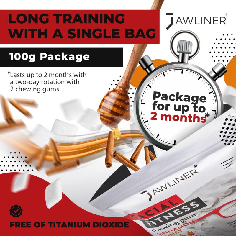 Jawliner® - رائد في أقوى علكة لتشكيل الفك اليدوية 15x أصعب تشمل تدريب لمدة 12 أسبوع - علكة القرفة والعسل خالية من السكر - جهاز تمرين الفك لتشكيل الفك (عبوة لمدة شهرين) - Image 5