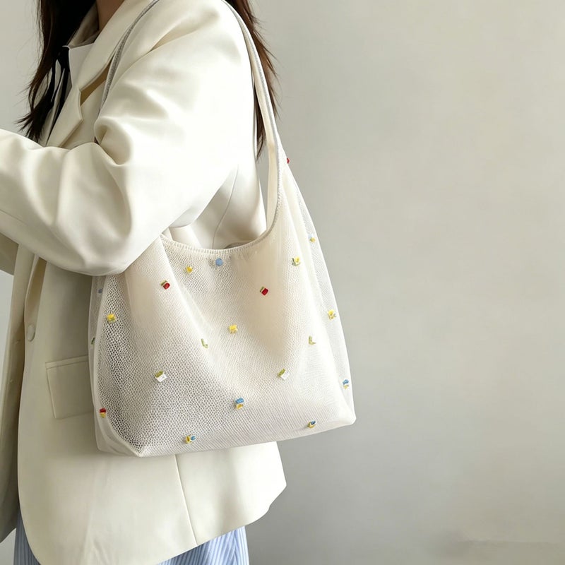 Embroidered Mesh Tote Bag for Women, Large Capacity Shoulder Bag 2026 Spring Summer - Image 1