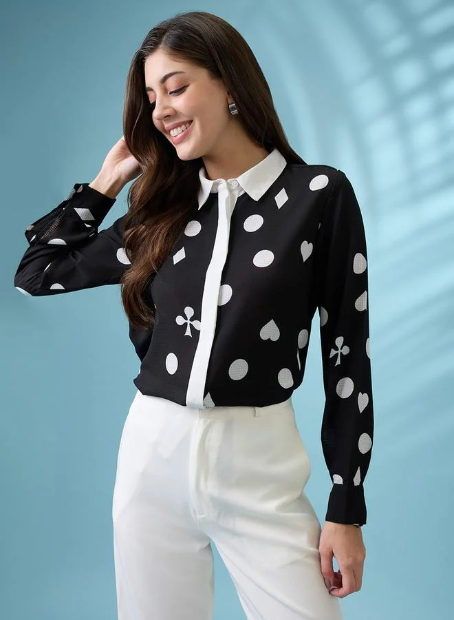 globus Women Black Printed Buttoned Shirt