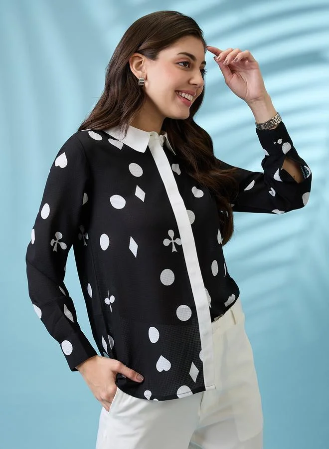 globus Women Black Printed Buttoned Shirt