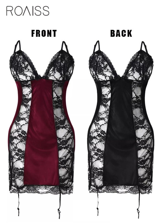 roaiss Satin Lace Patchwork Nightdress for Women V Neck Embroidery Sheer Mesh Chemise Lingerie Dress Ladies for Night or Party Wear  - Image 2