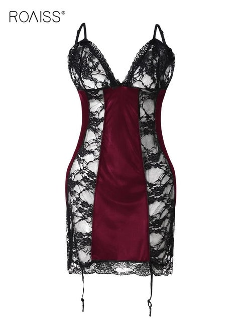 Satin Lace Patchwork Nightdress for Women V Neck Embroidery Mesh Chemise Lingerie Dress Ladies for Night or Party Wear Summer Dress for Ladies Sleeveless Suspender Skirt Black Red