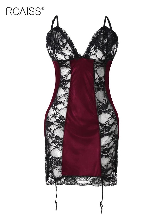 roaiss Satin Lace Patchwork Nightdress for Women V Neck Embroidery Mesh Chemise Lingerie Dress Ladies for Night or Party Wear Summer Dress for Ladies Sleeveless Suspender Skirt Black Red - Image 1