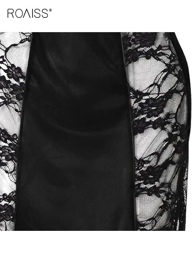 roaiss Satin Lace Patchwork Nightdress for Women V Neck Embroidery Mesh Chemise Lingerie Dress Ladies for Night or Party Wear Summer Dress for Ladies Sleeveless Suspender Skirt Black Red - Image 2