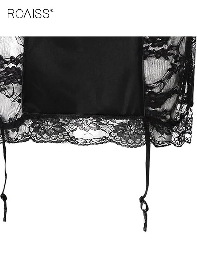 roaiss Satin Lace Patchwork Nightdress for Women V Neck Embroidery Mesh Chemise Lingerie Dress Ladies for Night or Party Wear Summer Dress for Ladies Sleeveless Suspender Skirt Black Red - Image 3