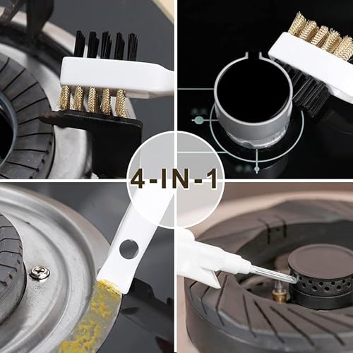 SpiderJuice 1Pc 4in1 Multipurpose Gas Stove Top Burner Deep Wire Brass Cleaning Nylon Bristles Brush with Needle Pin and Scraper Scrubber Removes Rust Nozzle Hole Clogs - Image 2