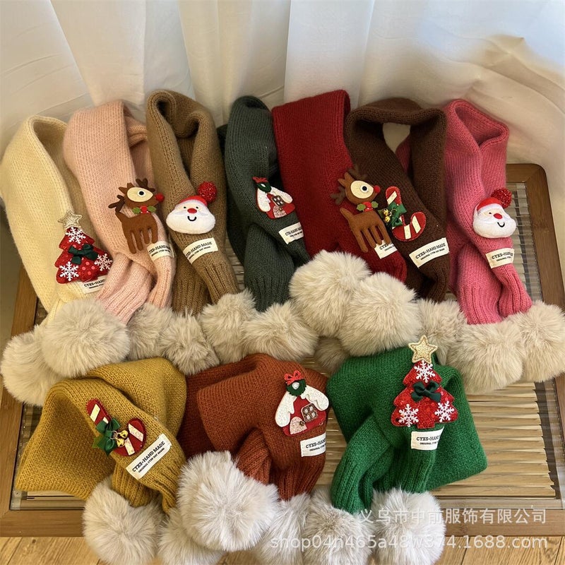 Christmas Children'S Cute Cartoon Knitted Warm Scarf Winter New Boys And Girls Baby Cross Wool Scarf - Image 2