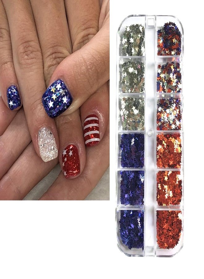 OSTTMA 4th of July Nail Art Glitter Sequins 3D Holographic Nail Flakes Red Silver Blue American Flag Nail Art Design Shiny Star Nail Glitter for Acrylic Nails,Independence Day Manicure Decoration Accessories - Image 2