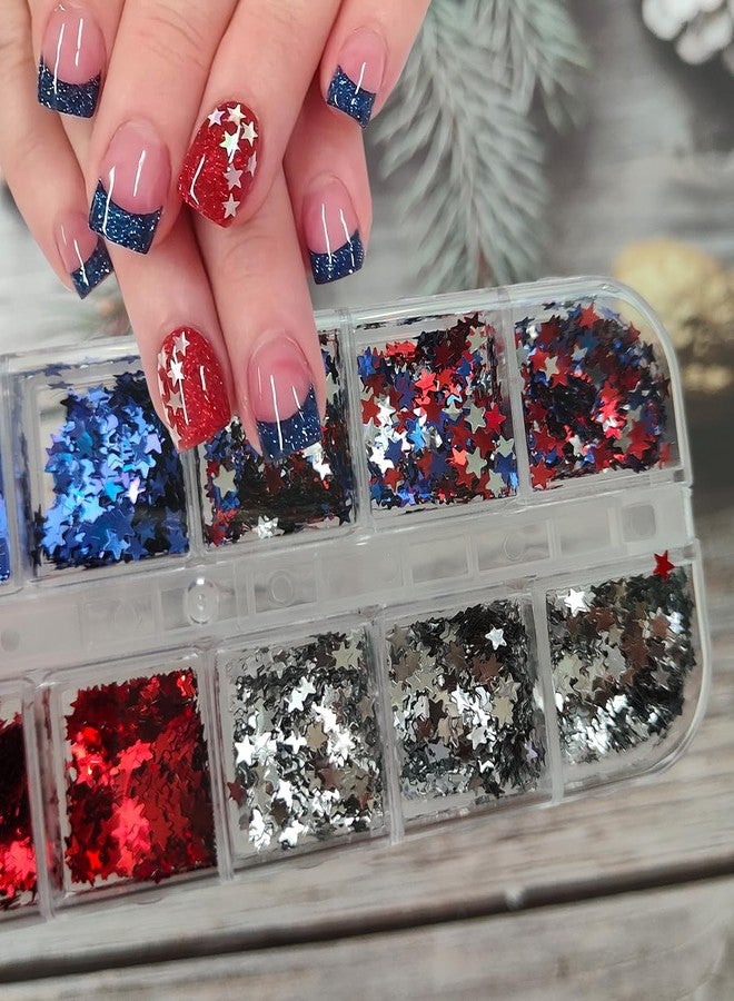 OSTTMA 4th of July Nail Art Glitter Sequins 3D Holographic Nail Flakes Red Silver Blue American Flag Nail Art Design Shiny Star Nail Glitter for Acrylic Nails,Independence Day Manicure Decoration Accessories - Image 4