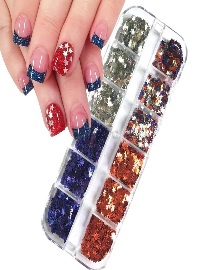 OSTTMA 4th of July Nail Art Glitter Sequins 3D Holographic Nail Flakes Red Silver Blue American Flag Nail Art Design Shiny Star Nail Glitter for Acrylic Nails,Independence Day Manicure Decoration Accessories - Image 1