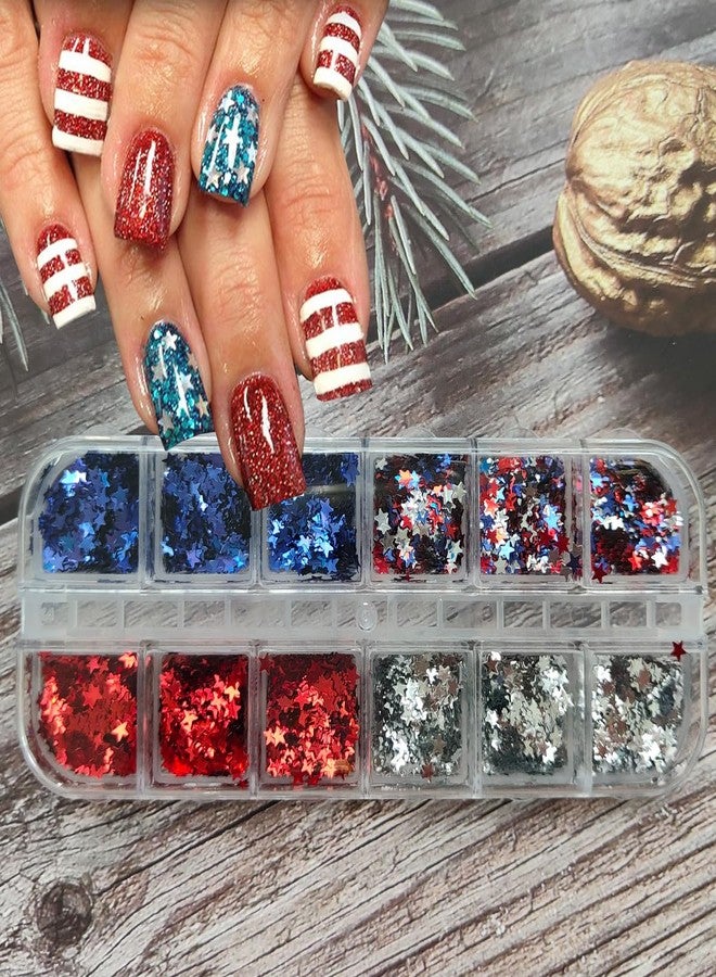 OSTTMA 4th of July Nail Art Glitter Sequins 3D Holographic Nail Flakes Red Silver Blue American Flag Nail Art Design Shiny Star Nail Glitter for Acrylic Nails,Independence Day Manicure Decoration Accessories - Image 3