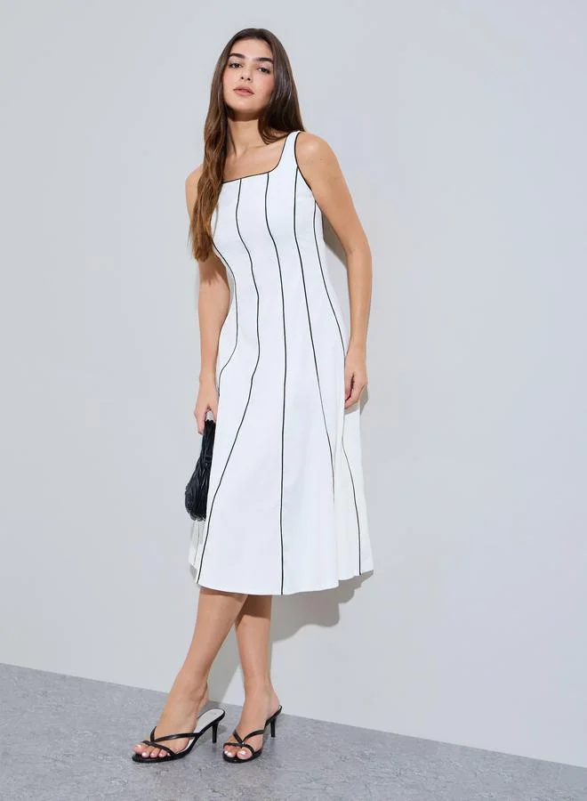 Styli Off White Piping Detail Square Neck A-Line Midi Dress