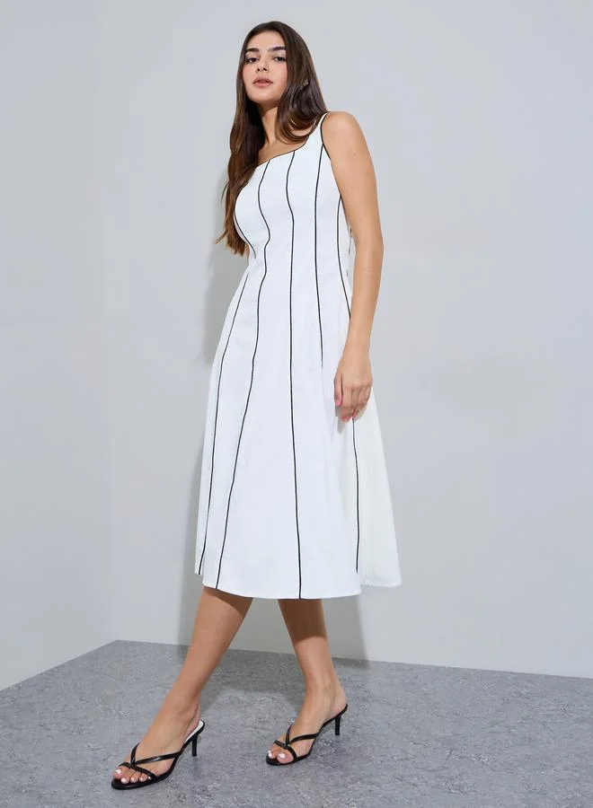 Styli  Off White Piping Detail Square Neck A-Line Midi Dress for Women | Best Price UAE