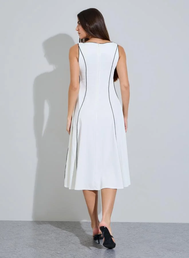Styli  Off White Piping Detail Square Neck A-Line Midi Dress for Women | Best Price UAE