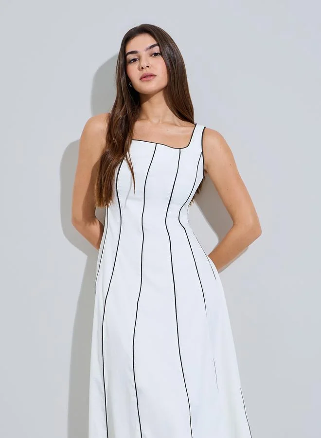 Styli Off White Piping Detail Square Neck A-Line Midi Dress
