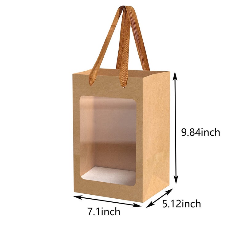 BallHull 12 Pcs Brown Paper Gift Bags with Transparent Window, 9.84"x7.0"x5.12" Kraft Shopping Bags with Handles for Bouquet Christmas Birthdays Festivals Party Weddings Wrapping - Image 2