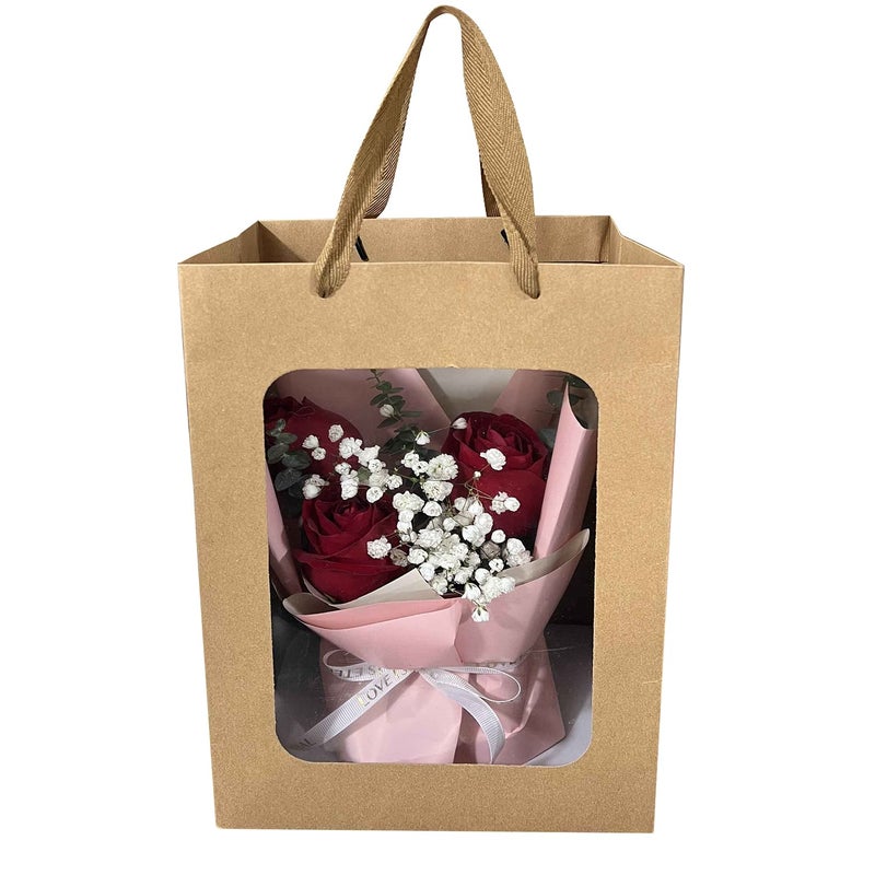 BallHull 12 Pcs Brown Paper Gift Bags with Transparent Window, 9.84"x7.0"x5.12" Kraft Shopping Bags with Handles for Bouquet Christmas Birthdays Festivals Party Weddings Wrapping - Image 3