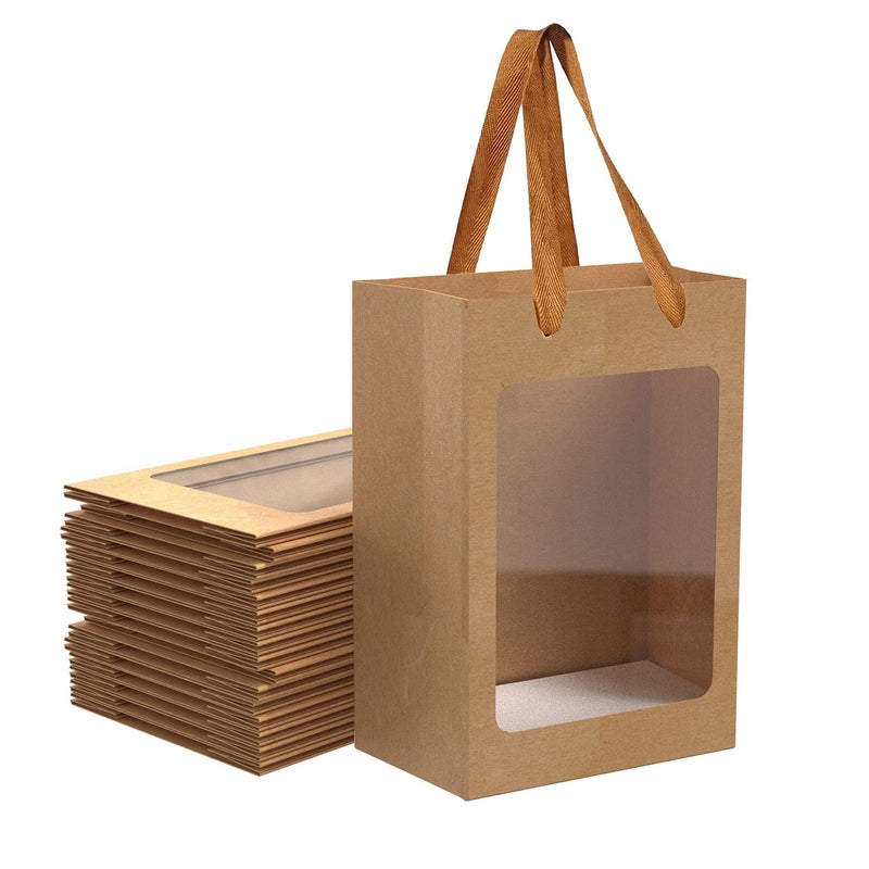 BallHull 12 Pcs Brown Paper Gift Bags with Transparent Window, 9.84"x7.0"x5.12" Kraft Shopping Bags with Handles for Bouquet Christmas Birthdays Festivals Party Weddings Wrapping - Image 1