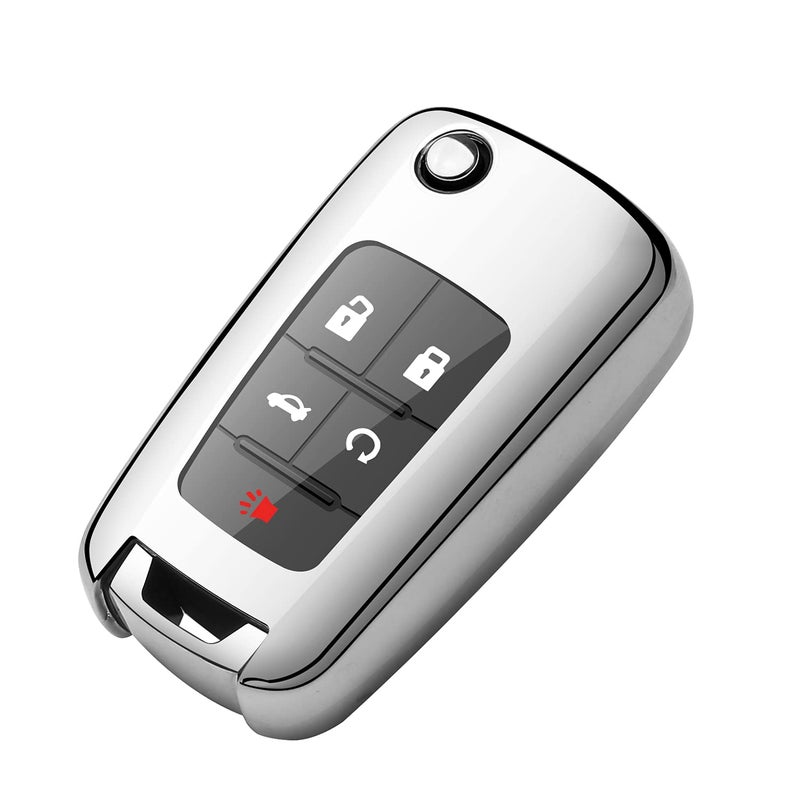 Tukellen for Chevrolet Key Fob Cover Premium Soft TPU Full Protection Key Shell Case Compatible with Chevy Camaro Cruze Impala Equinox Volt Spark Sonic Folding Flip Remote KeySilver