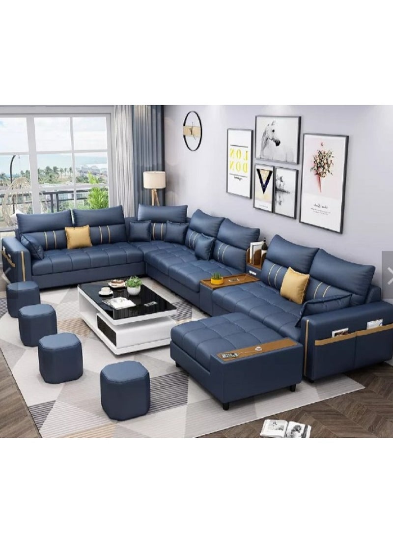 Ripple FURNITURE Modern Couch U Shaped Faux Leather Living Room Furniture Chaise Lounge Recliner Sectional 7 Seater L Shape Corner Sofa Set Blue 389X231X86  - Image 1