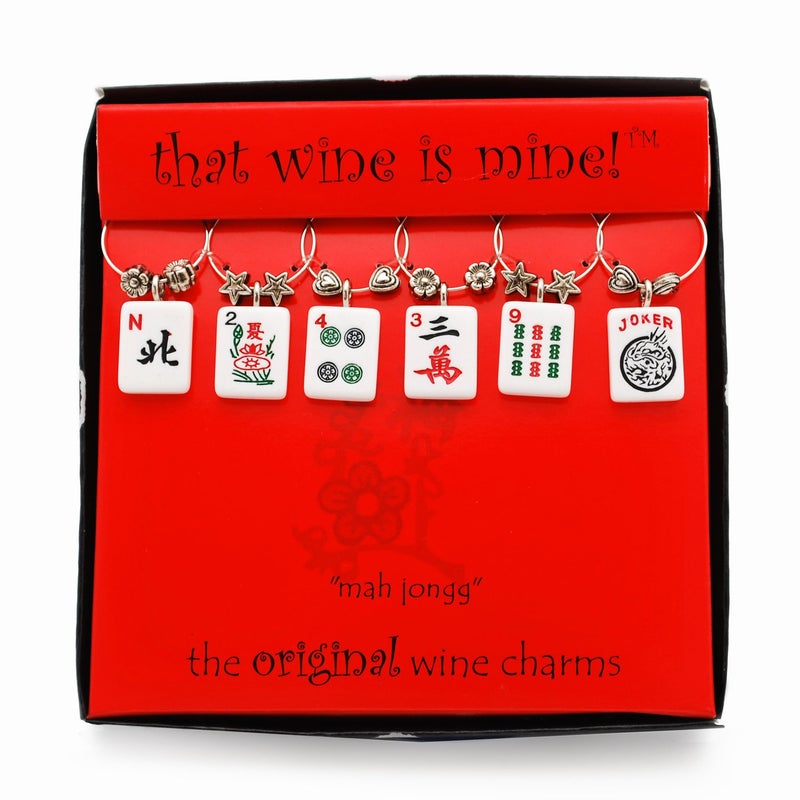 Wine Things Mahjong Wine Charms, Zinc Alloy Wine Glass Tags for Stem Glasses, Drink Markers Identifiers for Parties, Tastings, and Entertaining, Multicolor, Set of 6