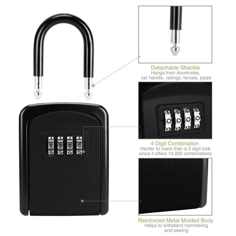 KeeKit Key Lock Box Wall Mounted Key Safe Box with Removable Shackle Resettable Code Key Storage Lock Box Waterproof with 4 Digit Combination 5 Key Capacity for Home Indoor Outdoor Black - Image 5