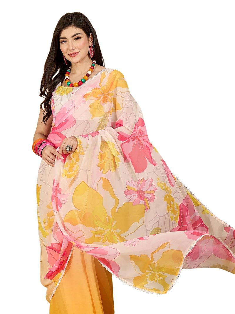Satrani Women's Georgette Printed Saree with Unstitched Blouse Piece (4817S152N_Yellow & Off-White) - Image 1
