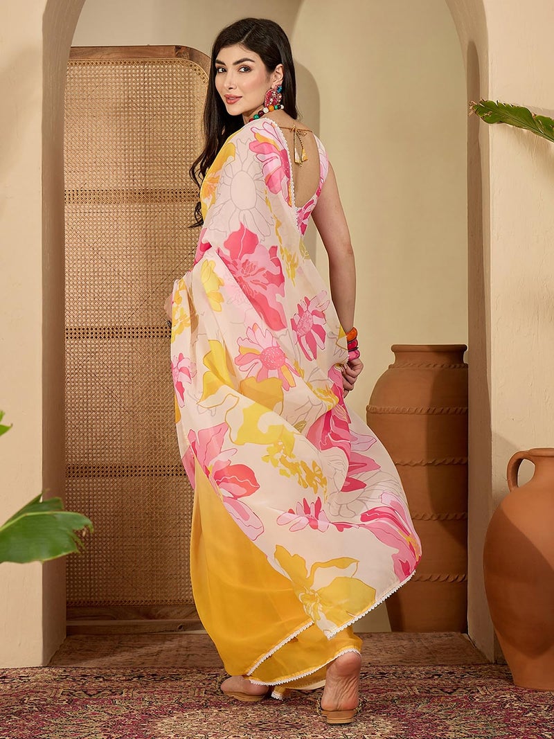 Satrani Women's Georgette Printed Saree with Unstitched Blouse Piece (4817S152N_Yellow & Off-White) - Image 4