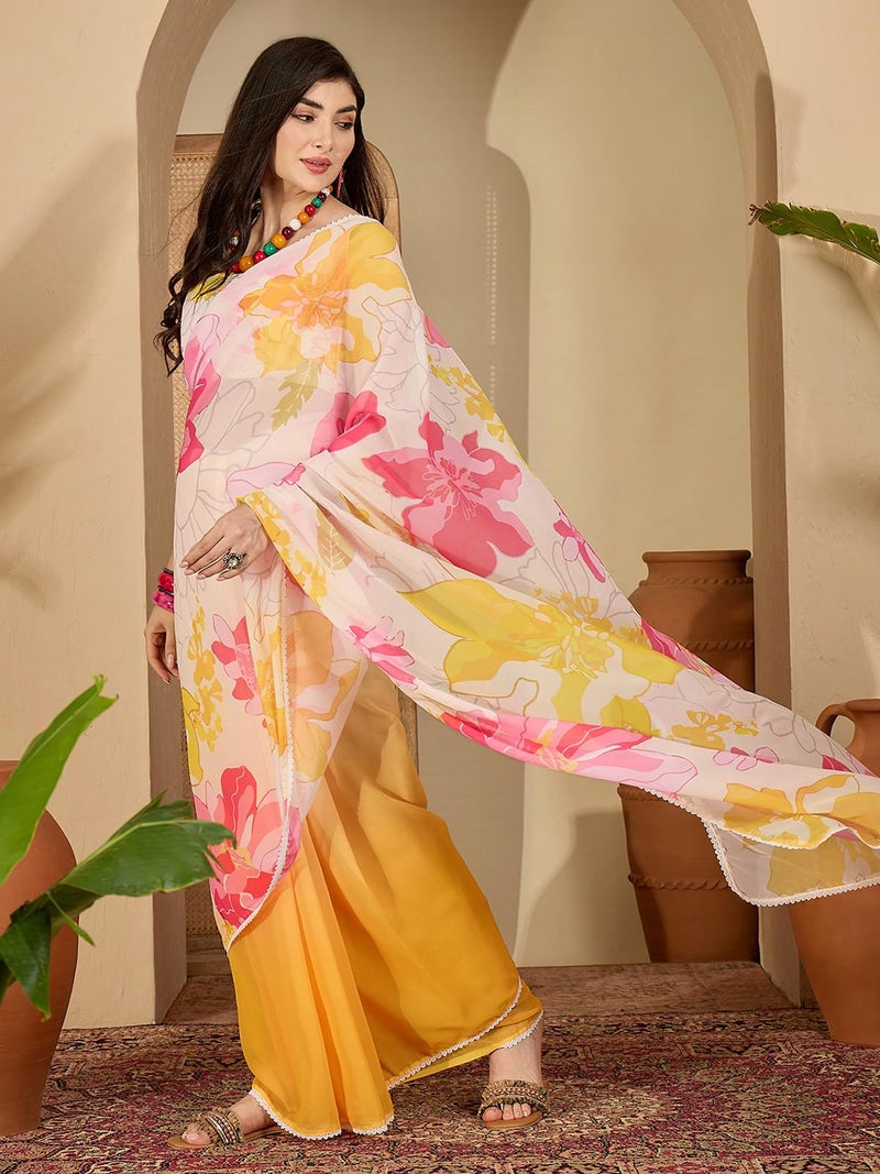 Satrani Women's Georgette Printed Saree with Unstitched Blouse Piece (4817S152N_Yellow & Off-White) - Image 2