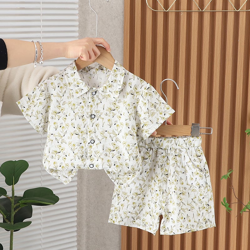 Foreign trade new summer boys shirt full-body printed short sleeve casual cotton pants two-piece set manufacturers wholesale milky white
