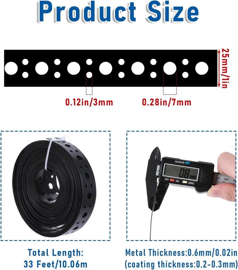 EupHHonycs Metal Strap 1-Inch x 33FT 0.6mm Bendable Pipe Hanger Thin Metal Strapping with Holes Plumbers Strap Flexible Trimming for Pipe Supports Hanging, Black - Image 2
