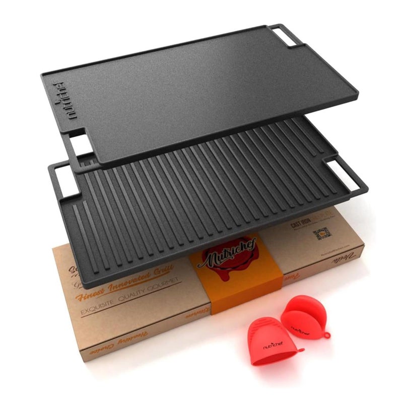 NutriChef NutriChef Cast Iron Reversible Grill Plate  18 Inch Flat  Ridged Skillet Griddle Pan Fits Two Burners for Gas Electric Ceramic Stovetops with Silicone Oven Mitt 
