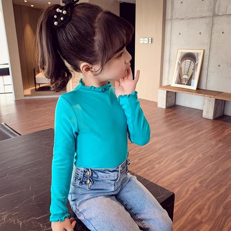 Girls' Bottoming Shirt Spring Style Kidsren'S Lace Top Little Girl Korean Style Pure Color Long-Sleeved T-Shirt - Image 5