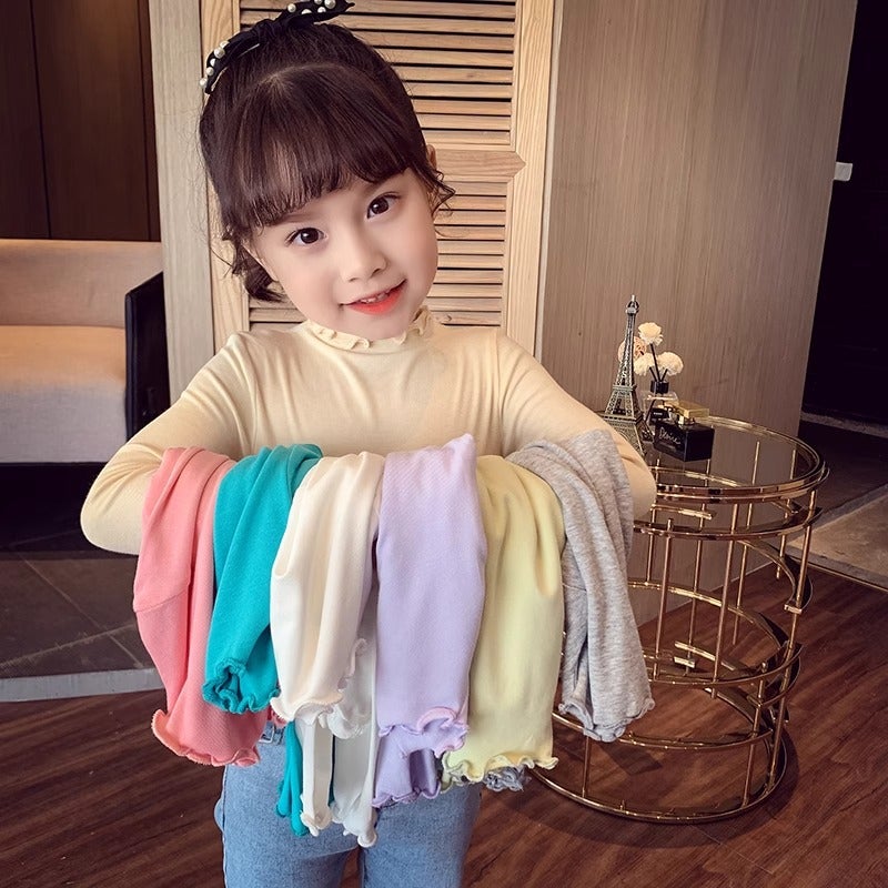 Girls' Bottoming Shirt Spring Style Kidsren'S Lace Top Little Girl Korean Style Pure Color Long-Sleeved T-Shirt - Image 2