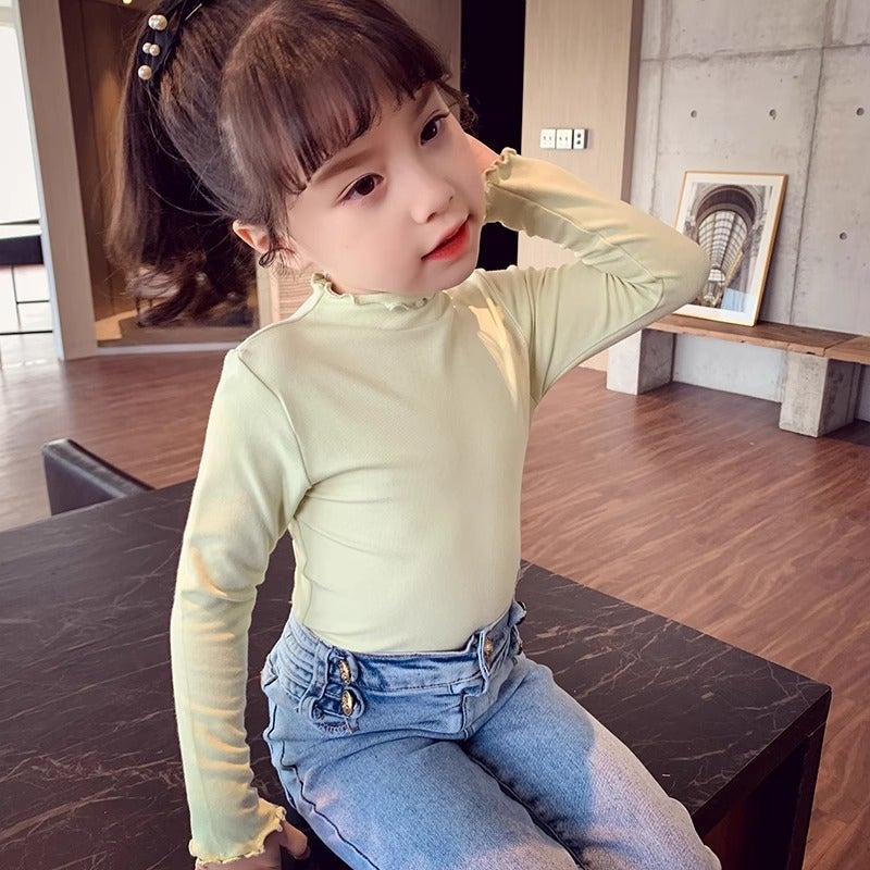 Girls' Bottoming Shirt Spring Style Kidsren'S Lace Top Little Girl Korean Style Pure Color Long-Sleeved T-Shirt - Image 3