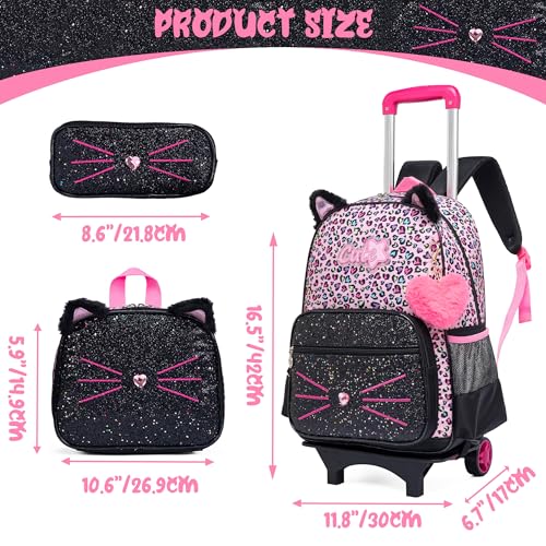 Meetbelify Rolling Backpack for Girls Cute Cat Backpack with Wheels for Elementary Students Kids Black Travel Luggage for Girls Age 6-8 - Image 2