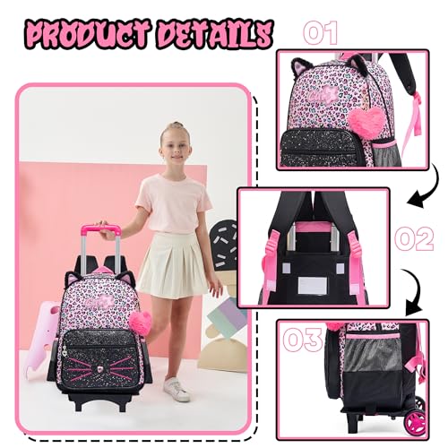 Meetbelify Rolling Backpack for Girls Cute Cat Backpack with Wheels for Elementary Students Kids Black Travel Luggage for Girls Age 6-8 - Image 4