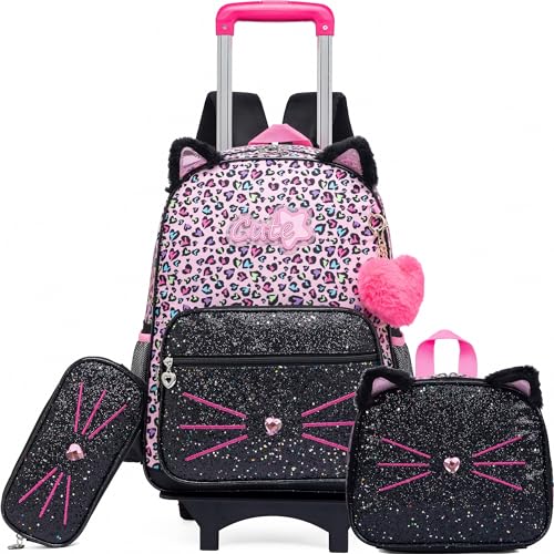 Meetbelify Rolling Backpack for Girls Cute Cat Backpack with Wheels for Elementary Students Kids Black Travel Luggage for Girls Age 6-8 - Image 1