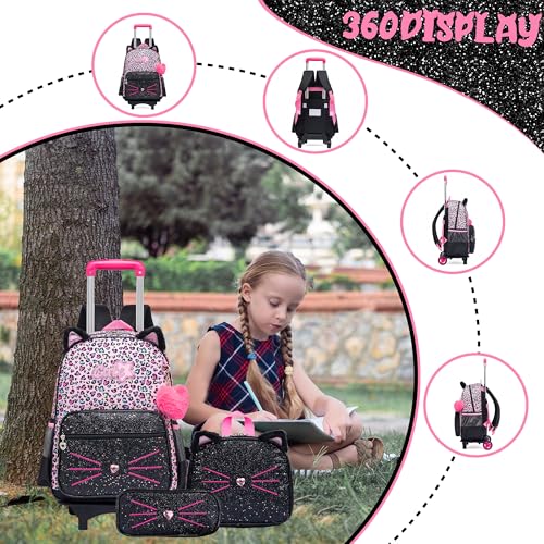 Meetbelify Rolling Backpack for Girls Cute Cat Backpack with Wheels for Elementary Students Kids Black Travel Luggage for Girls Age 6-8 - Image 3