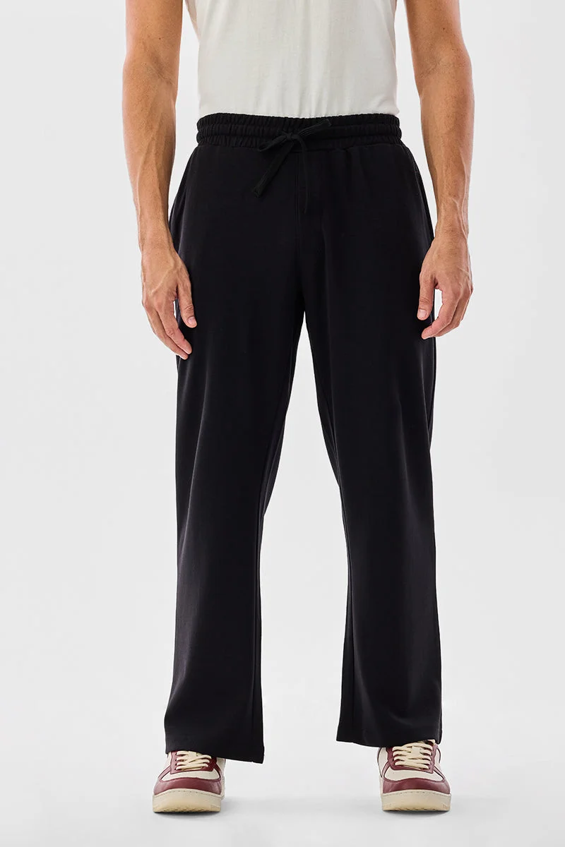 Snitch Black Black Solid Loose Fit Casual Trousers for Men | Best Price UAE