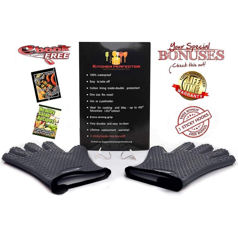 KITCHEN PERFECTION Silicone Smoker Oven Gloves-Extreme Heat Resistant BBQ Gloves-Handle Hot Food Right on Your Grill Fryer & Pit|Waterproof Grilling Cooking Baking Mitts|Superior Value Set +3 Bonuses - Image 2