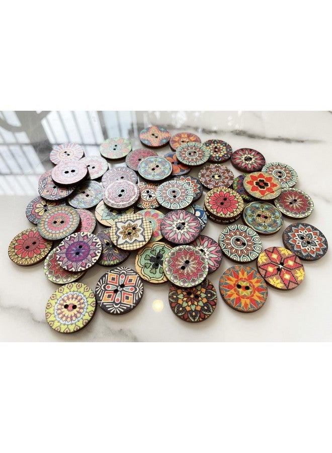T-shin Wooden Buttonsbohemian Flower Pattern Round Buttoncreative Novelty Mixed Random Fashion 2 Holes Buttons For Sewing Crafting Scrapbook 25Mm Pack 50 (Multicoloredr Flower)  - Image 1