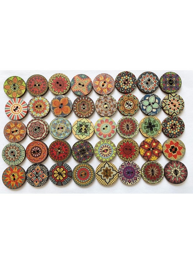 T-shin Wooden Buttonsbohemian Flower Pattern Round Buttoncreative Novelty Mixed Random Fashion 2 Holes Buttons For Sewing Crafting Scrapbook 25Mm Pack 50 (Multicoloredr Flower)  - Image 2