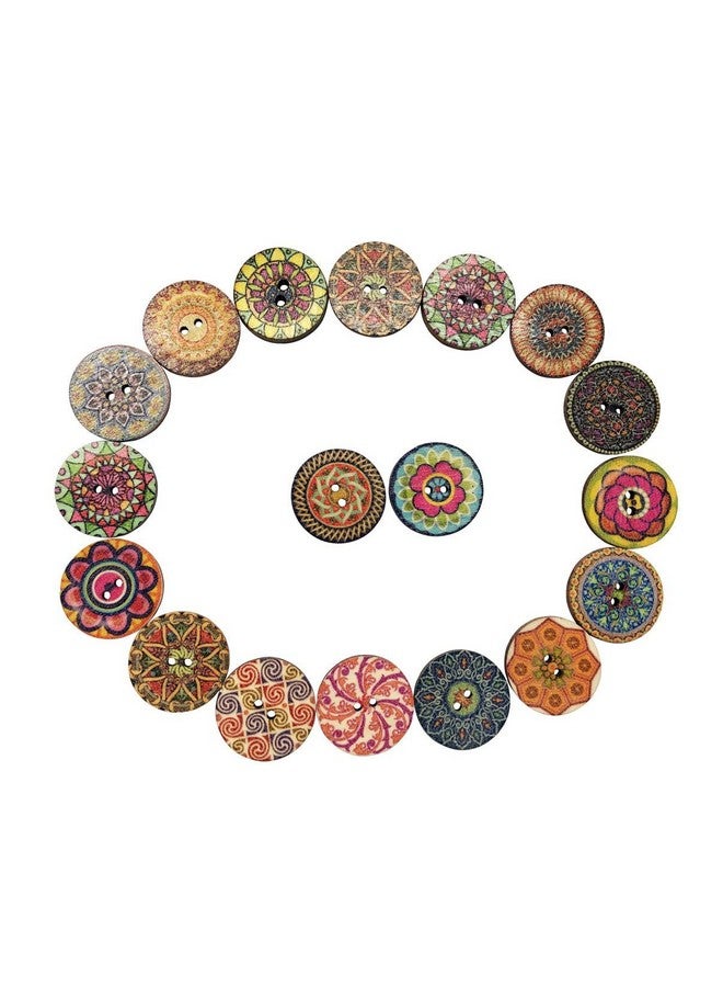 T-shin Wooden Buttonsbohemian Flower Pattern Round Buttoncreative Novelty Mixed Random Fashion 2 Holes Buttons For Sewing Crafting Scrapbook 25Mm Pack 50 (Multicoloredr Flower)  - Image 3