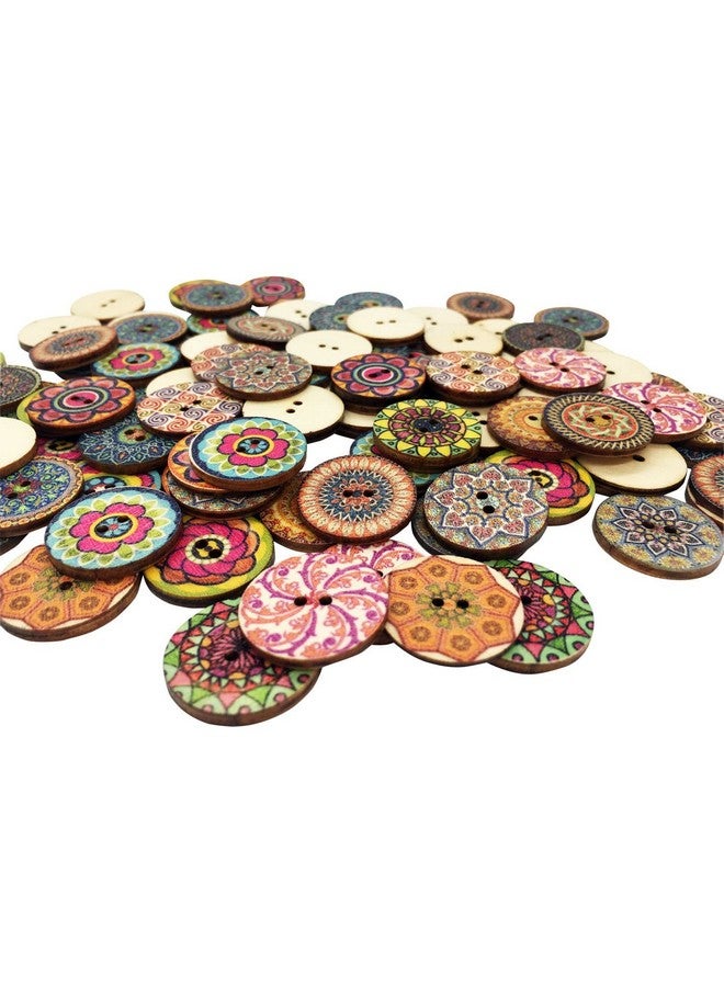 T-shin Wooden Buttonsbohemian Flower Pattern Round Buttoncreative Novelty Mixed Random Fashion 2 Holes Buttons For Sewing Crafting Scrapbook 25Mm Pack 50 (Multicoloredr Flower)  - Image 4