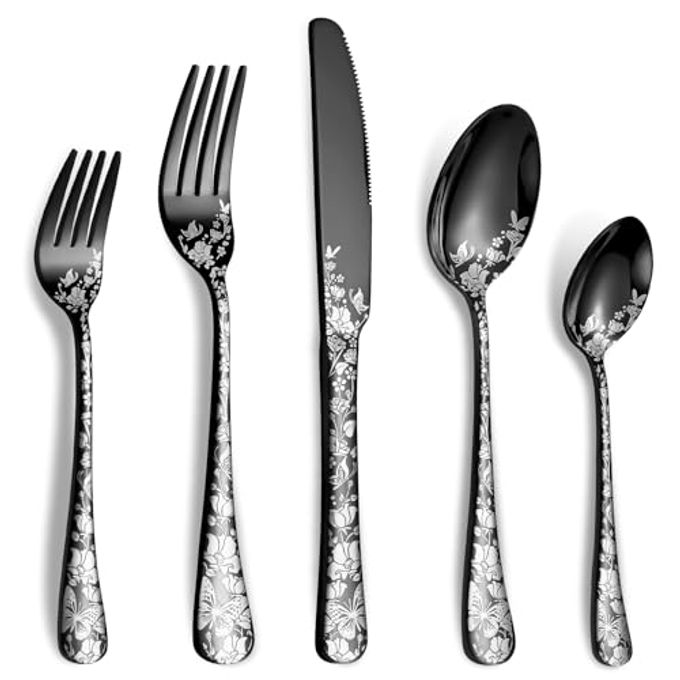 40 Piece Black Silverware Set, Stainless Steel Flatware Cutlery Set Service for 8, Mirror Polished Tableware Eating Utensils Set for Home Kitchen, Include Knife Fork Spoon Set, Dishwasher Safe