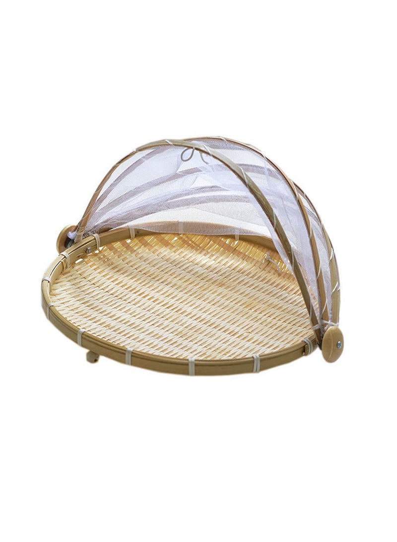 43*25cm Bamboo Vegetable Cover Round Single Buckle Stripe Large Size, Mesh Screen Food Cover Tent Umbrella With Base, Mesh Food Cover To Prevent Flies, Bugs, Mosquitoes  - Image 1