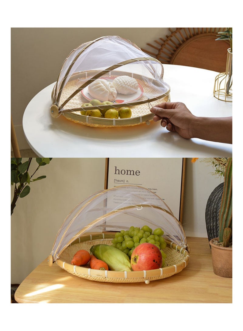 43*25cm Bamboo Vegetable Cover Round Single Buckle Stripe Large Size, Mesh Screen Food Cover Tent Umbrella With Base, Mesh Food Cover To Prevent Flies, Bugs, Mosquitoes  - Image 3