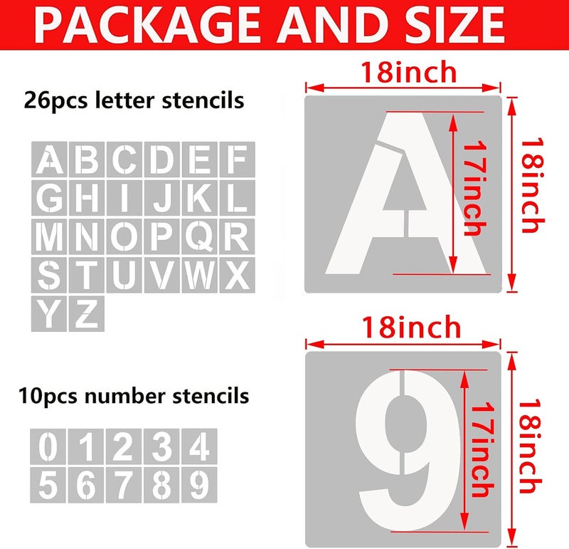 YEAJON 18 Inch Letter Stencils and Numbers, 36 Pcs Alphabet Art Craft Stencils, Reusable Plastic Templates for Wood, Wall, Fabric, Rock, Signage, DIY Art Projects (18 Inch) - Image 2